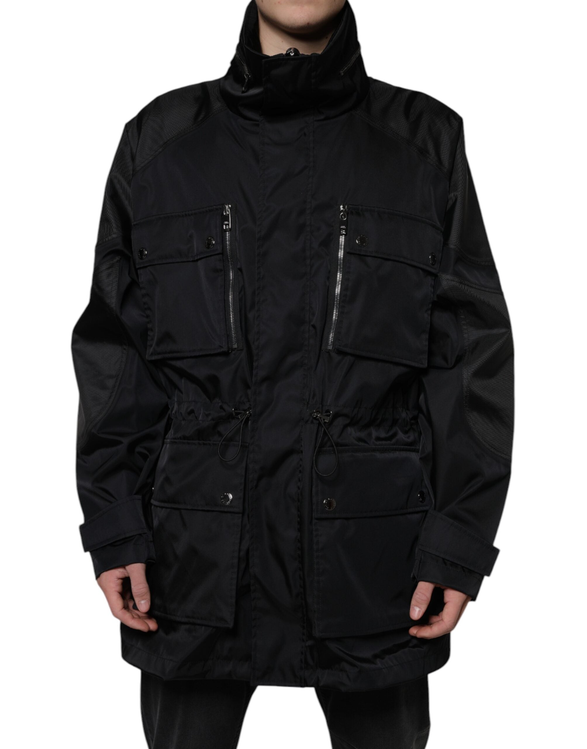 Black nylon winter men's parka coat by Dolce & Gabbana featuring a hood, front zipper, and quilted design.