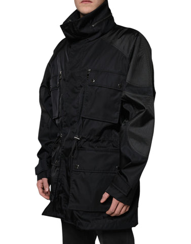 Black nylon winter men's parka coat by Dolce & Gabbana, featuring a hooded design and durable fabric for cold weather.