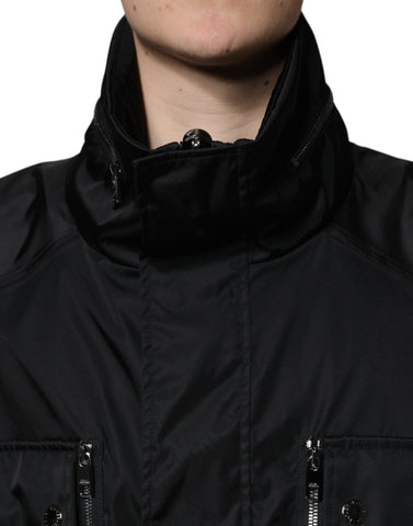 Black nylon winter men's parka coat by Dolce & Gabbana, shown with hood and zipper details.