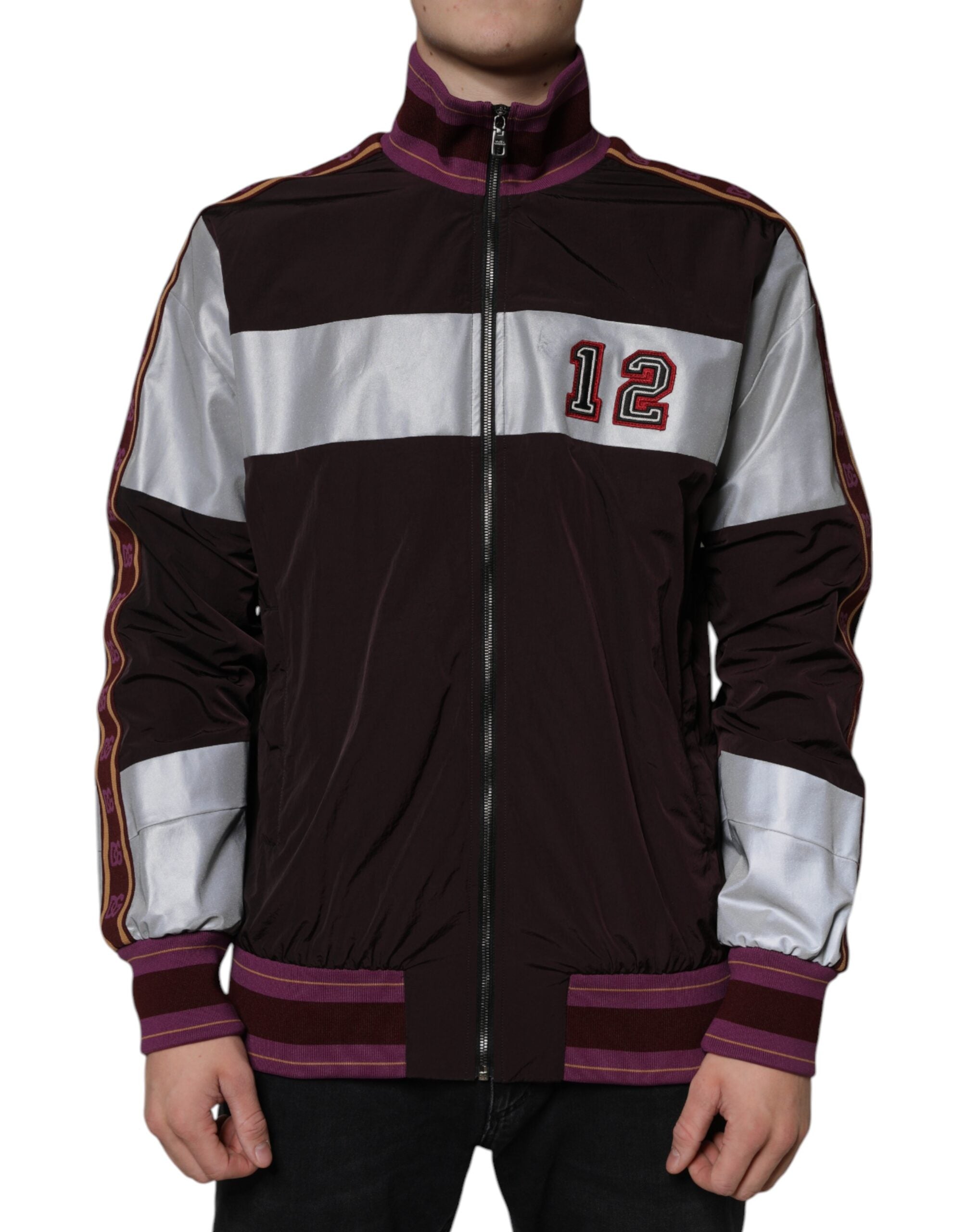Multicolor full-zip jersey bomber jacket for men by Dolce & Gabbana, featuring vibrant color blocks and a sporty style.