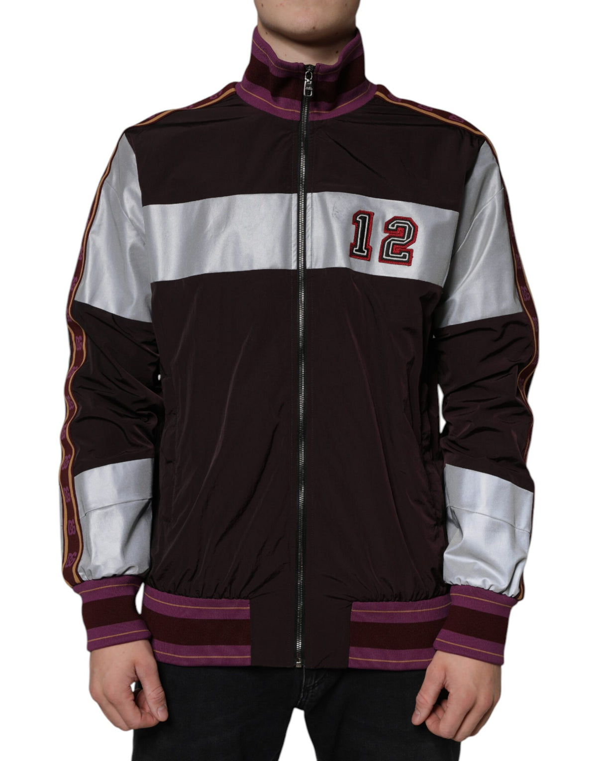 Multicolor full-zip jersey bomber jacket for men by Dolce & Gabbana, featuring vibrant color blocks and a sporty style.