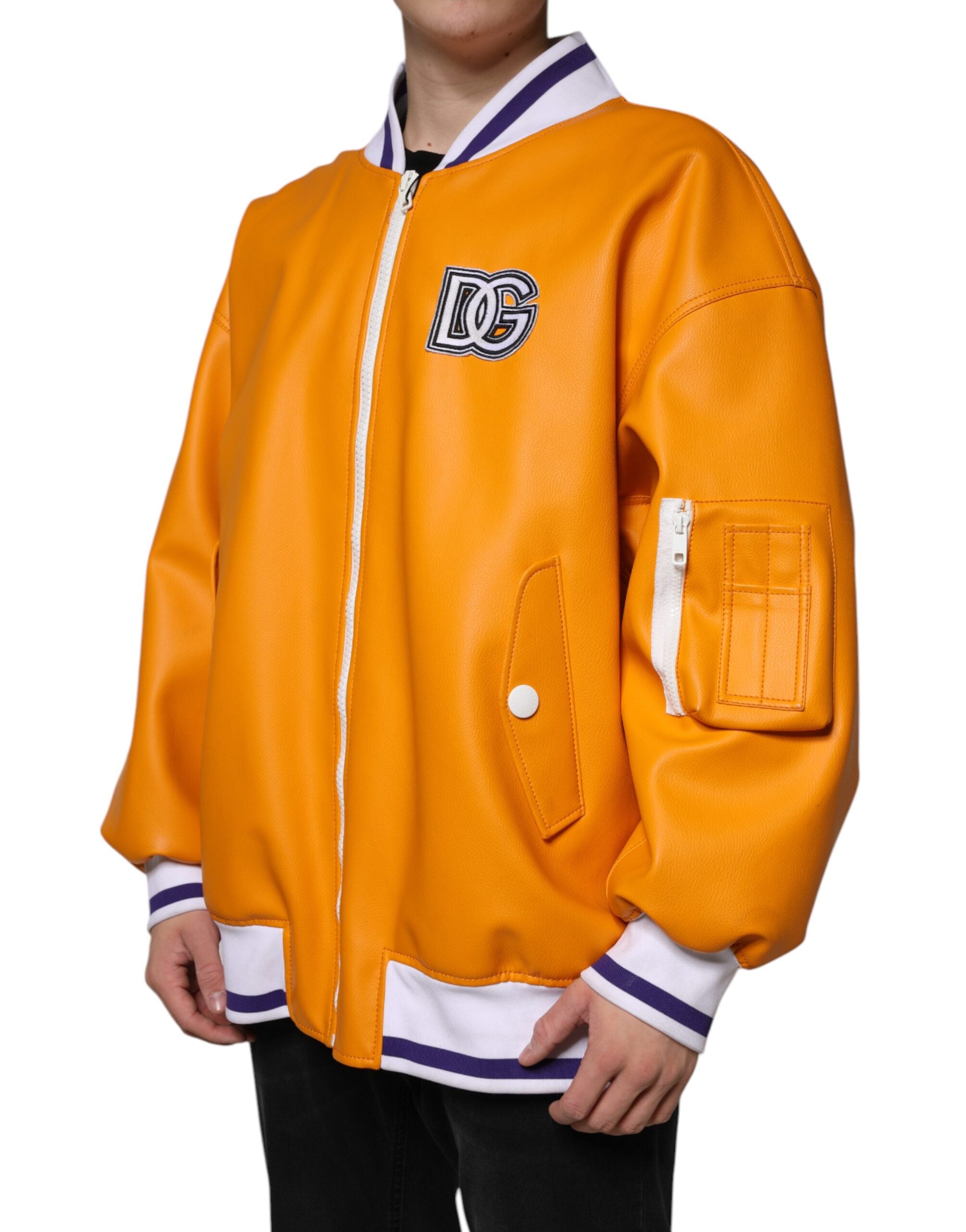 Orange and white Dolce & Gabbana full zip bomber jacket with a modern design and sporty style.