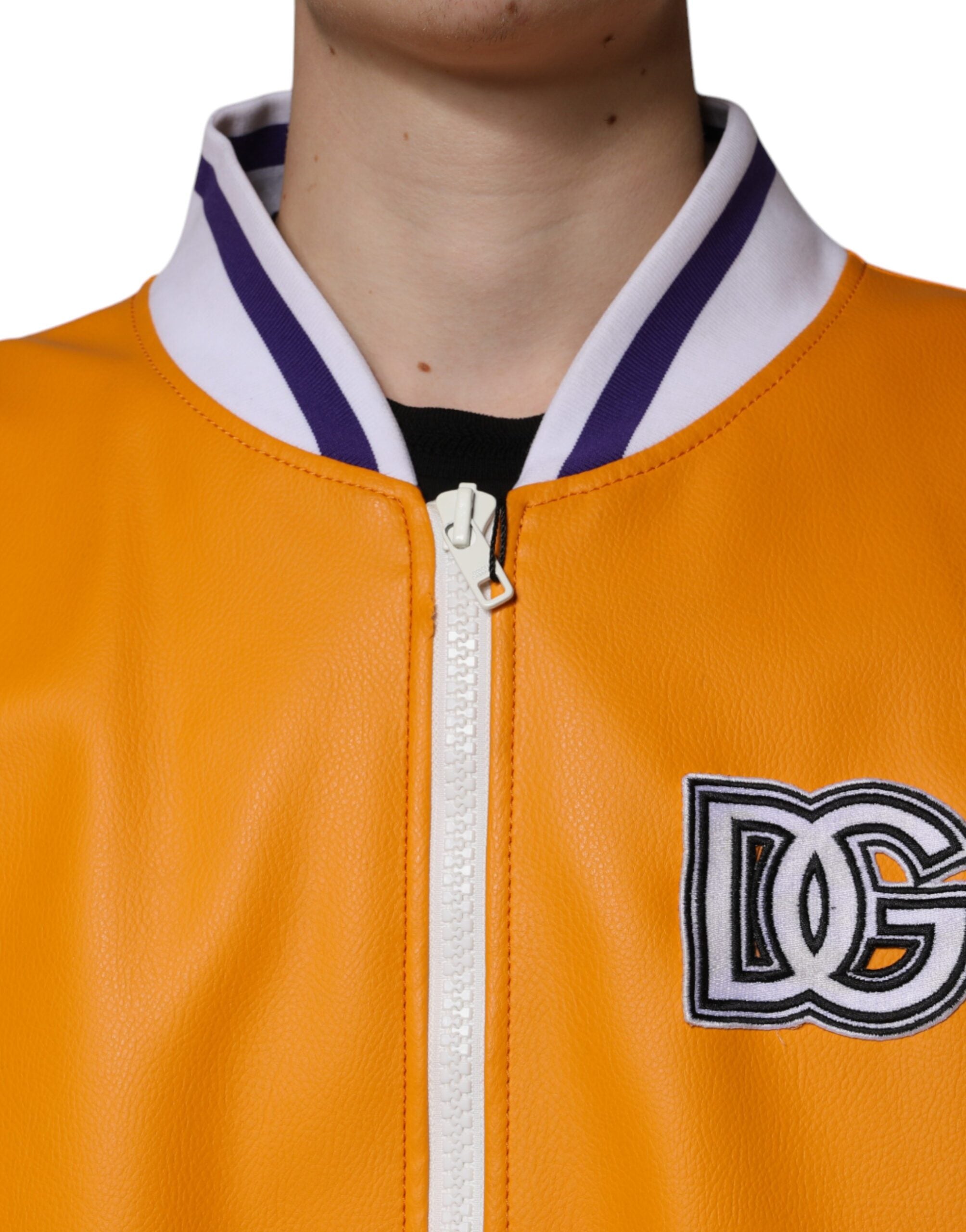 Orange and white Dolce & Gabbana full zip bomber jacket with jersey fabric and sporty style.