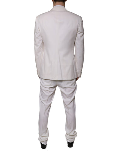 White wool silk 3-piece slim-fit formal suit by Dolce & Gabbana, featuring tailored jacket, vest, and matching trousers.