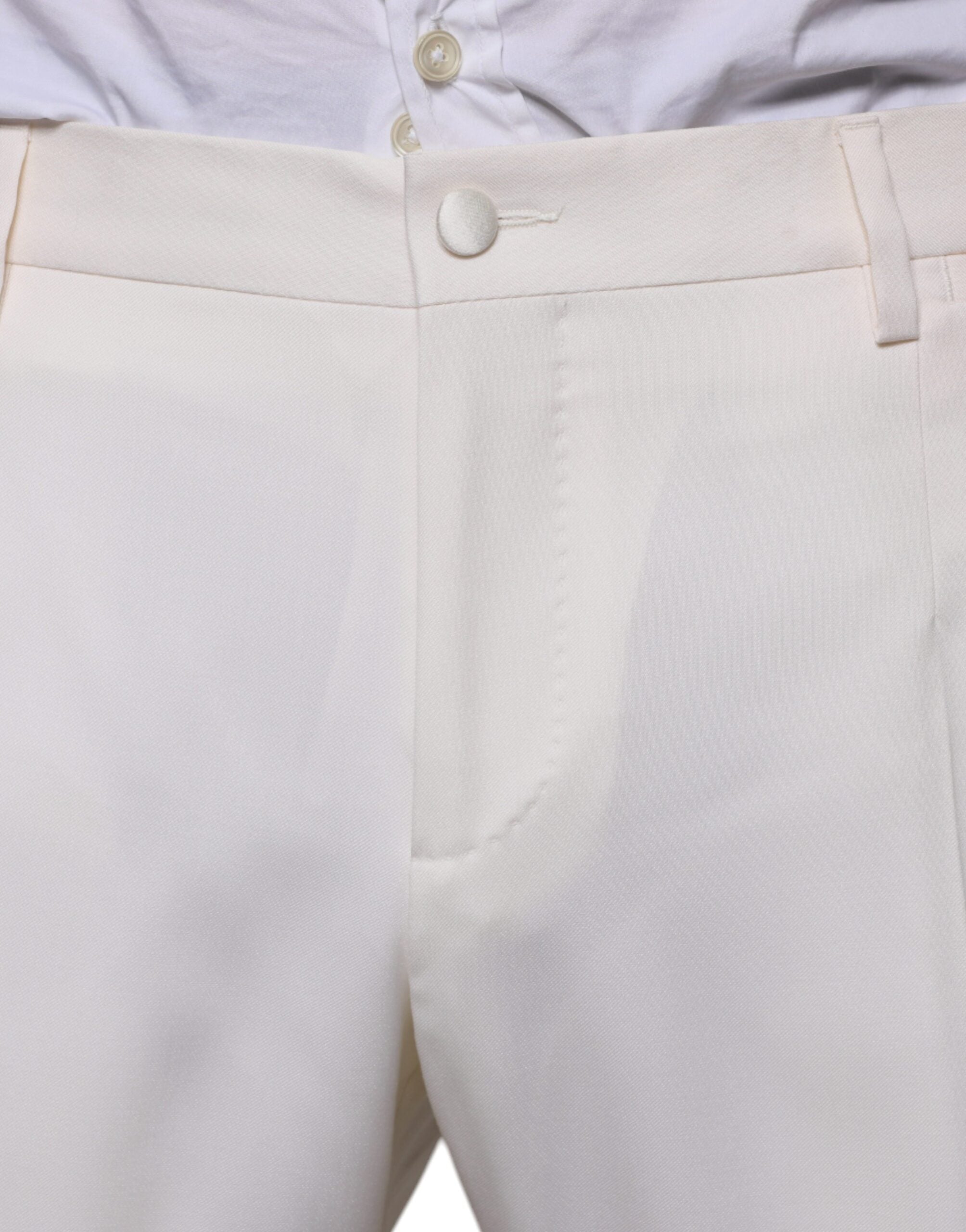 White wool silk 3-piece slim-fit formal suit by Dolce & Gabbana, featuring tailored jacket, vest, and matching trousers.