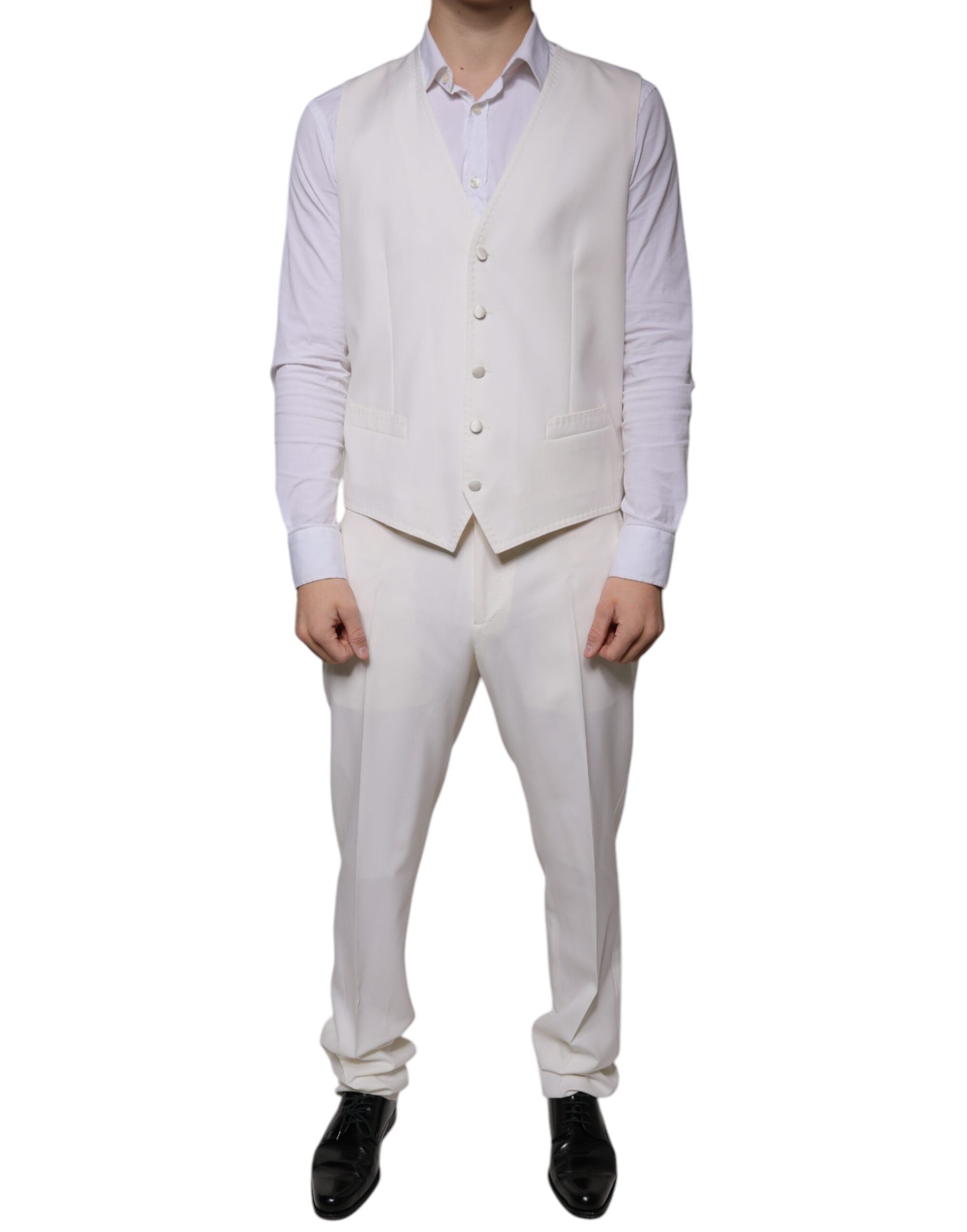 White wool silk 3-piece slim-fit formal suit by Dolce & Gabbana, featuring tailored jacket, vest, and matching trousers.