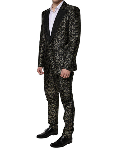 Black Stars Jacquard Sicilia 2-piece suit by Dolce & Gabbana, featuring a tailored blazer and matching trousers with star pattern.