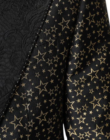 Black Stars Jacquard Sicilia 2-piece suit by Dolce & Gabbana, featuring a tailored jacket and matching trousers with star pattern.