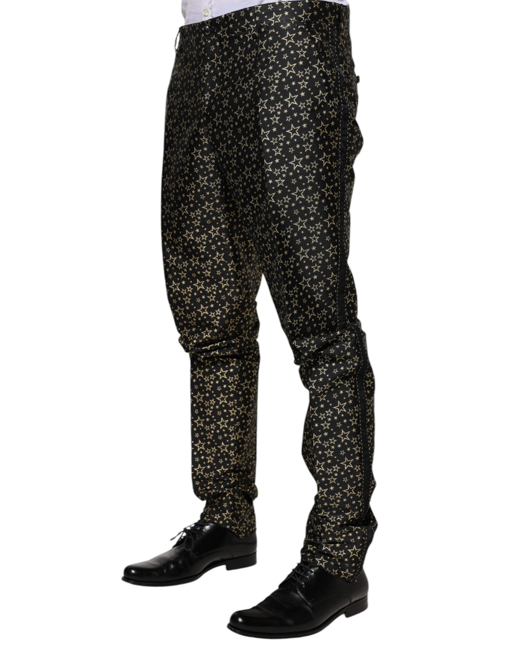 Black Stars Jacquard Sicilia 2-piece suit by Dolce & Gabbana, tailored with intricate star-patterned fabric and structured fit.