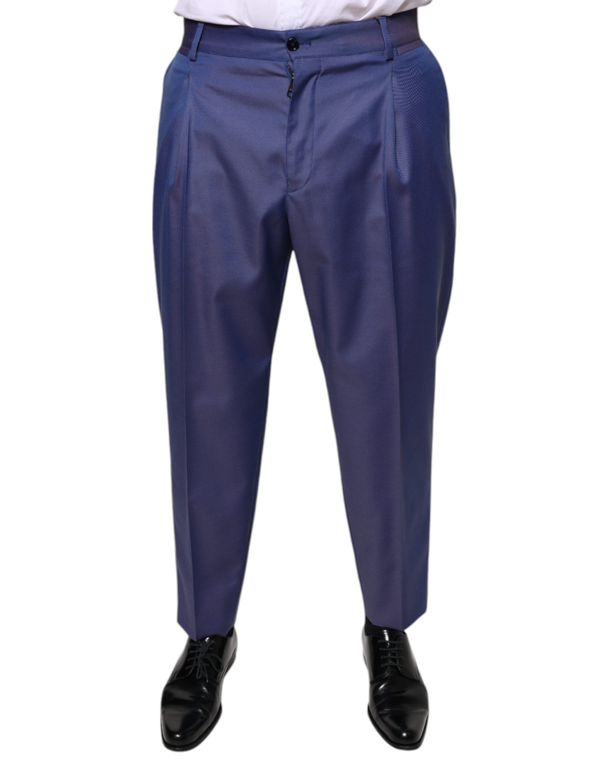 Blue wool tapered formal dress pants by Dolce & Gabbana, showing the tailored fit and classic waistband design.