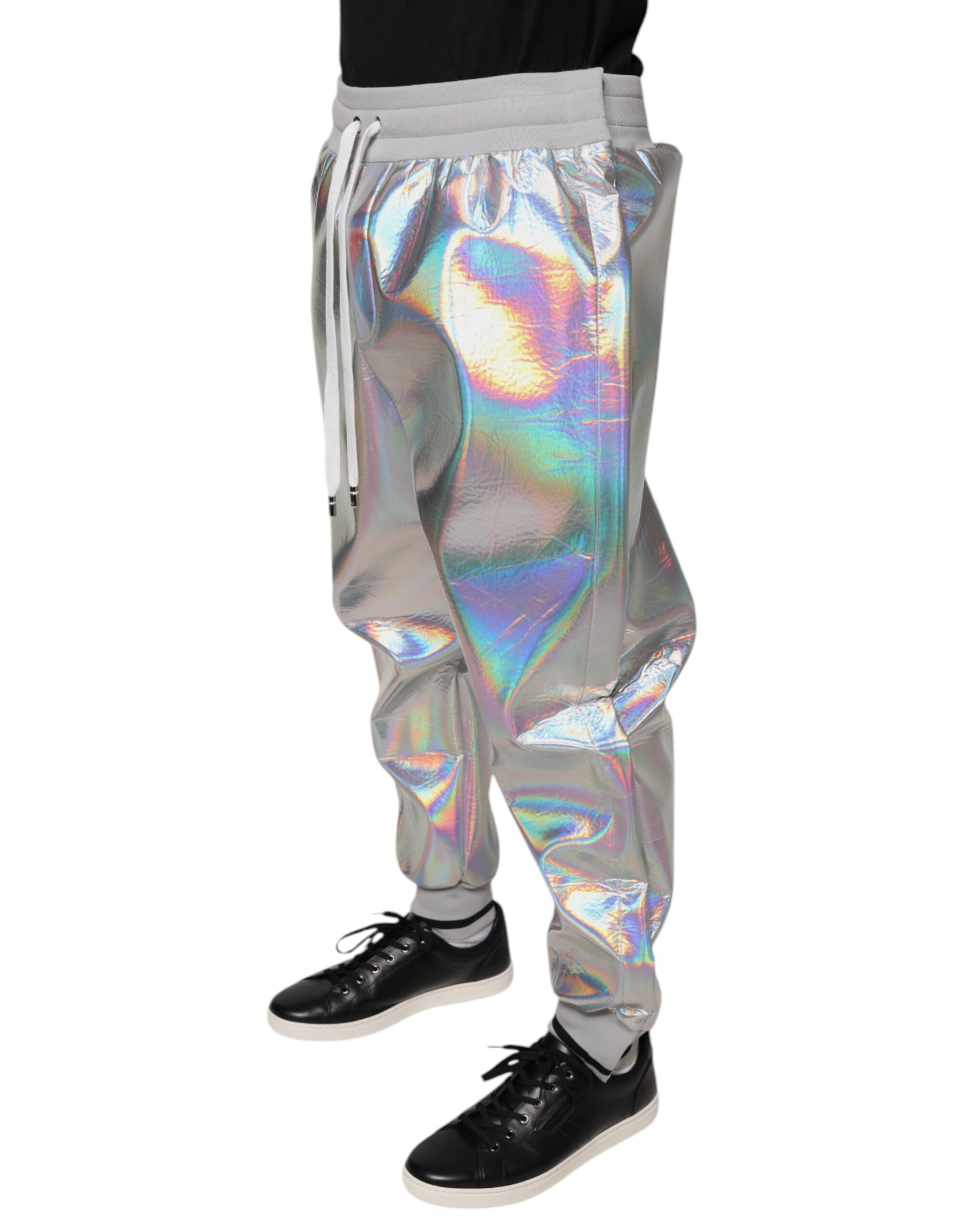 Silver iridescent men's jogger sweatpants by Dolce & Gabbana with a relaxed fit and elastic waistband.