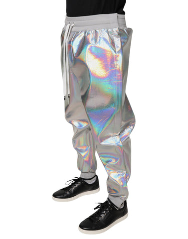 Silver iridescent men's jogger sweatpants by Dolce & Gabbana with a relaxed fit and elastic waistband.