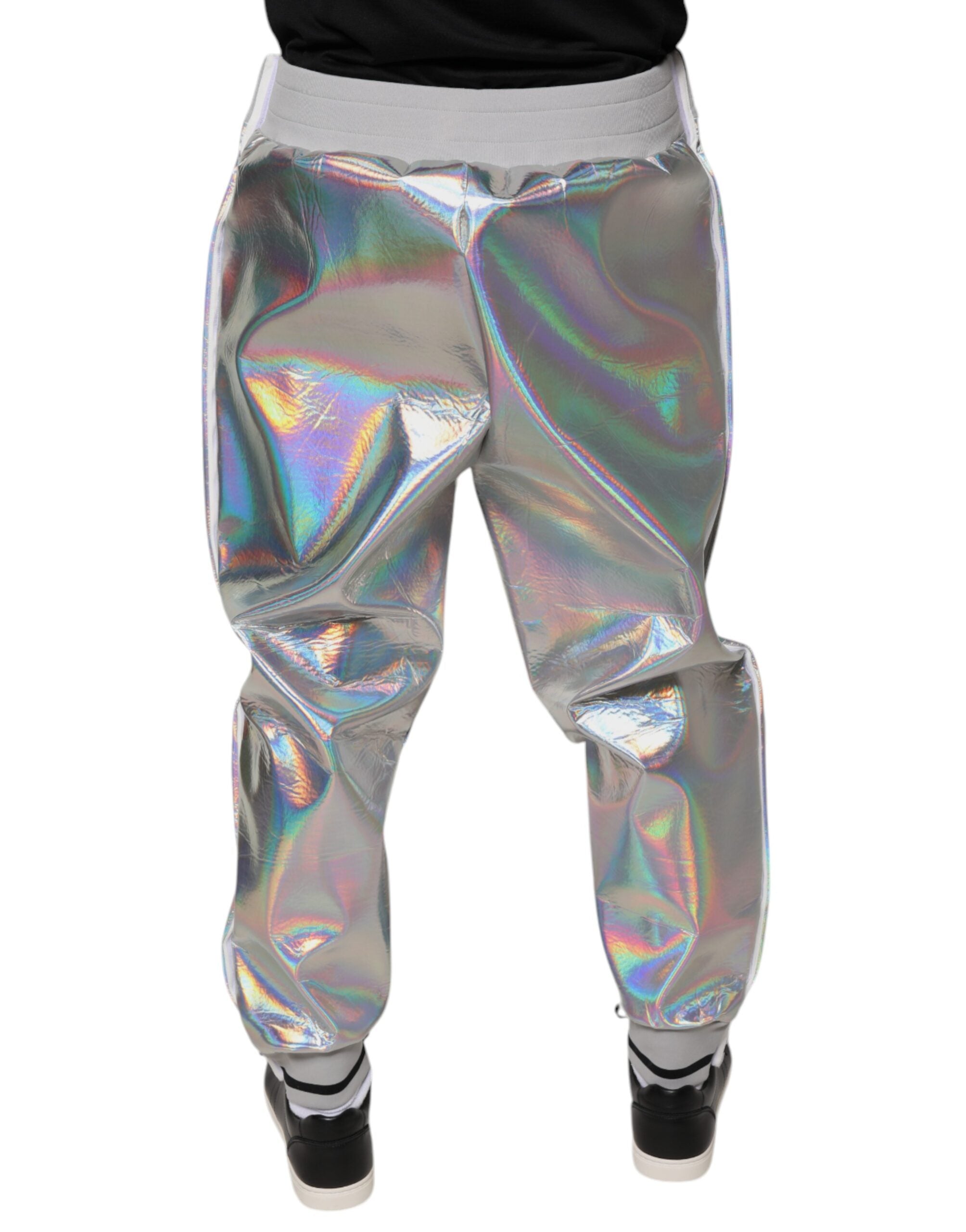 Silver iridescent men's jogger sweatpants by Dolce & Gabbana, featuring a relaxed fit and stylish metallic sheen.