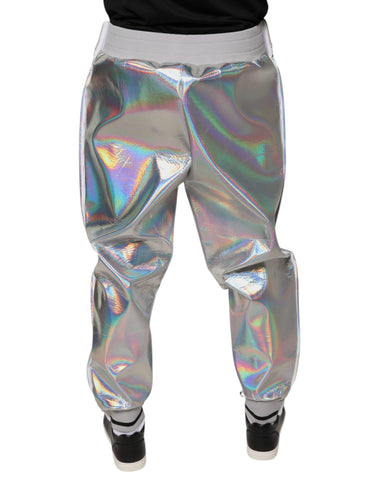 Silver iridescent men's jogger sweatpants by Dolce & Gabbana, featuring a relaxed fit and stylish metallic sheen.