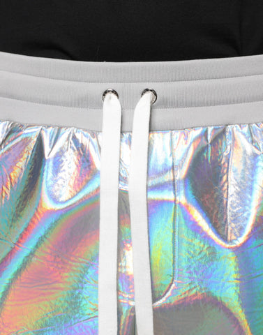 Silver iridescent men's jogger sweatpants by Dolce & Gabbana, featuring a sleek, shiny fabric with elastic waistband and tapered fit.