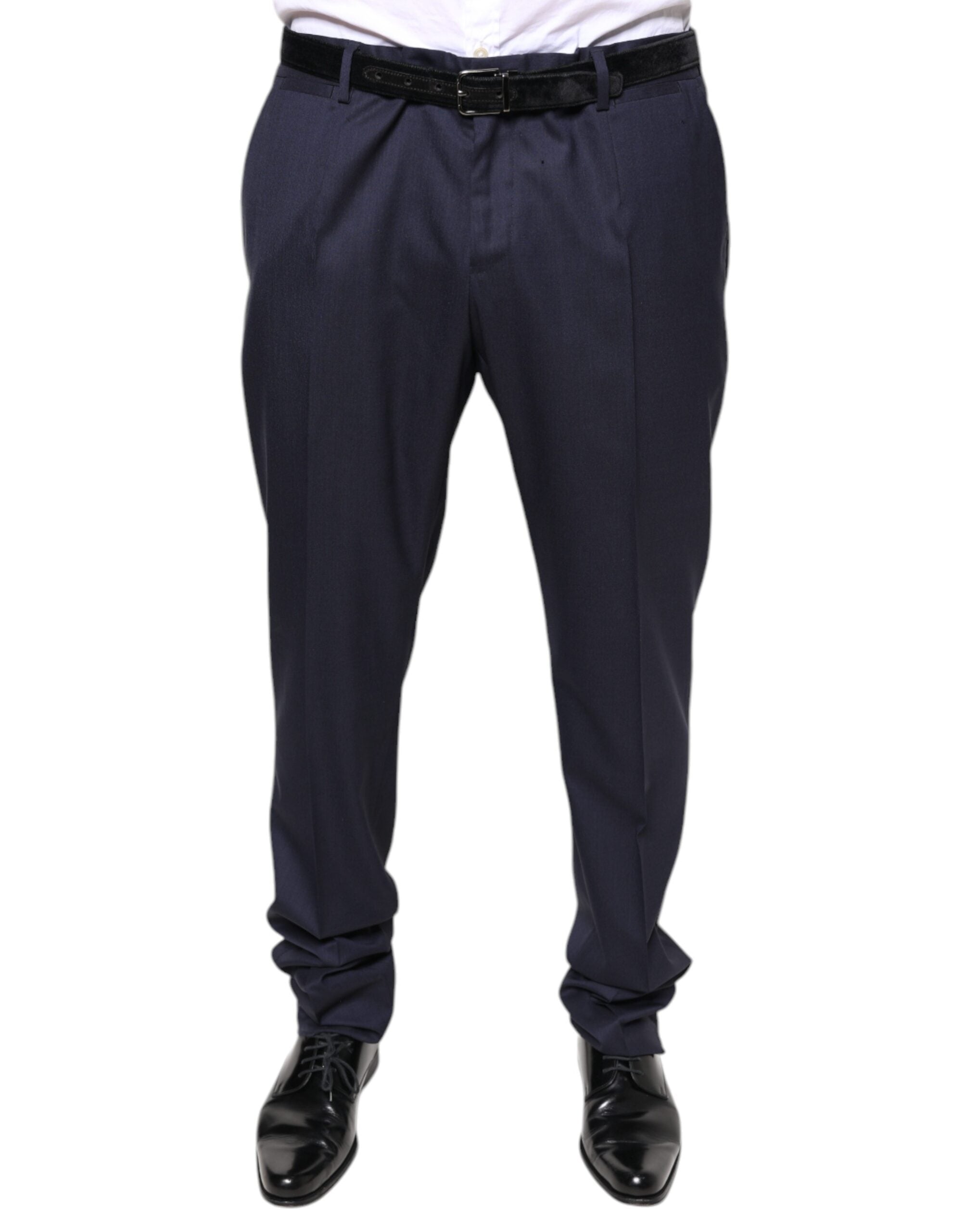 Blue wool skinny formal dress pants by Dolce & Gabbana, tailored fit with a sleek, modern design and classic styling.