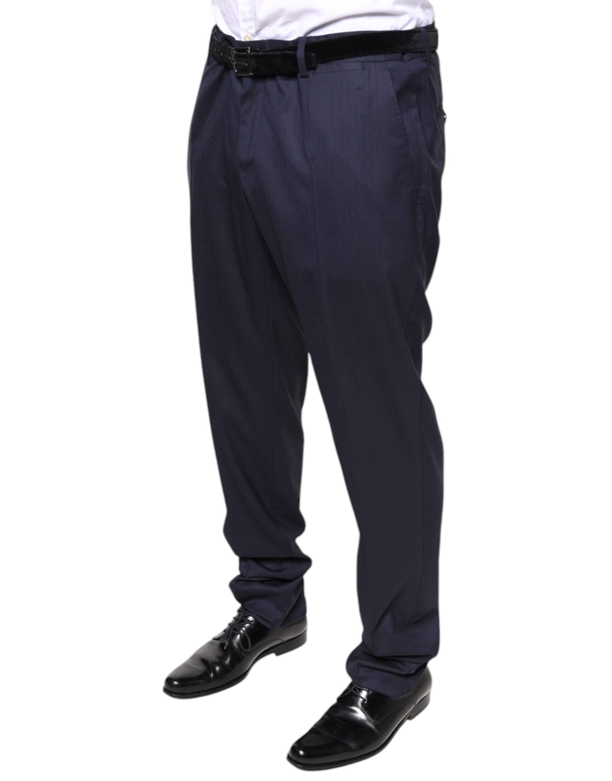 Blue wool skinny formal dress pants by Dolce & Gabbana, tailored fit with sleek design and classic style.