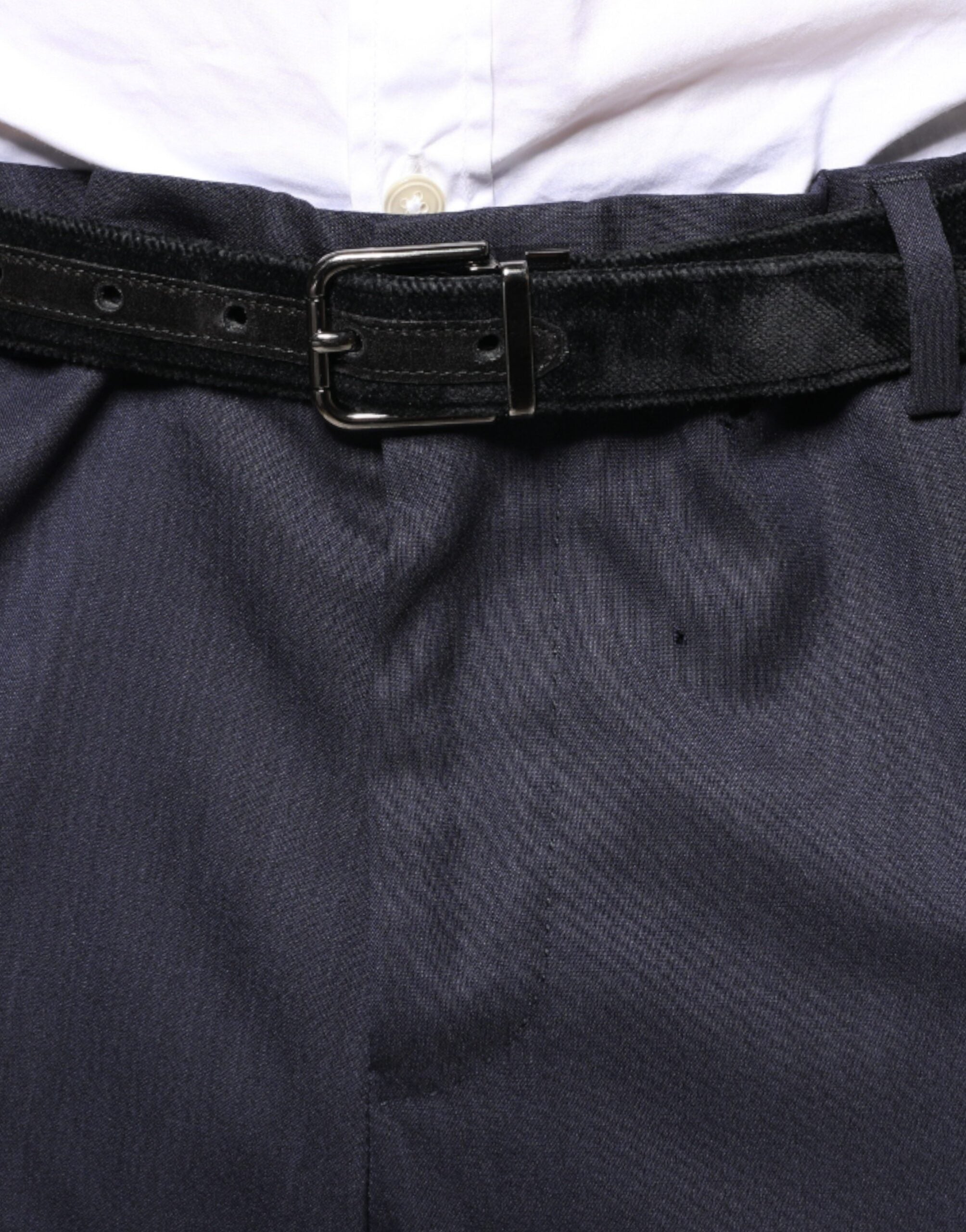 Blue wool skinny formal dress pants by Dolce & Gabbana, tailored fit with sleek design and classic style.