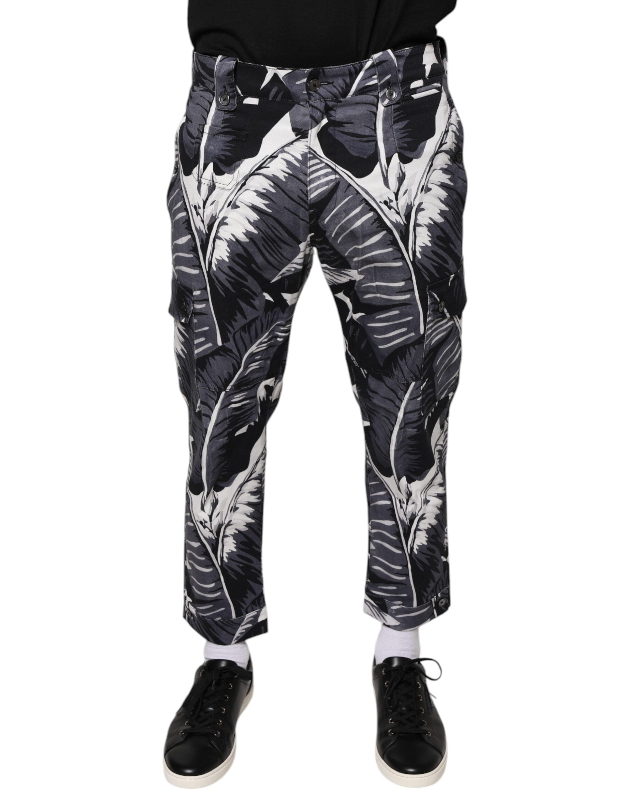 Gray banana leaf print cotton stretch Capri pants by Dolce & Gabbana, featuring a relaxed fit and stylish design.