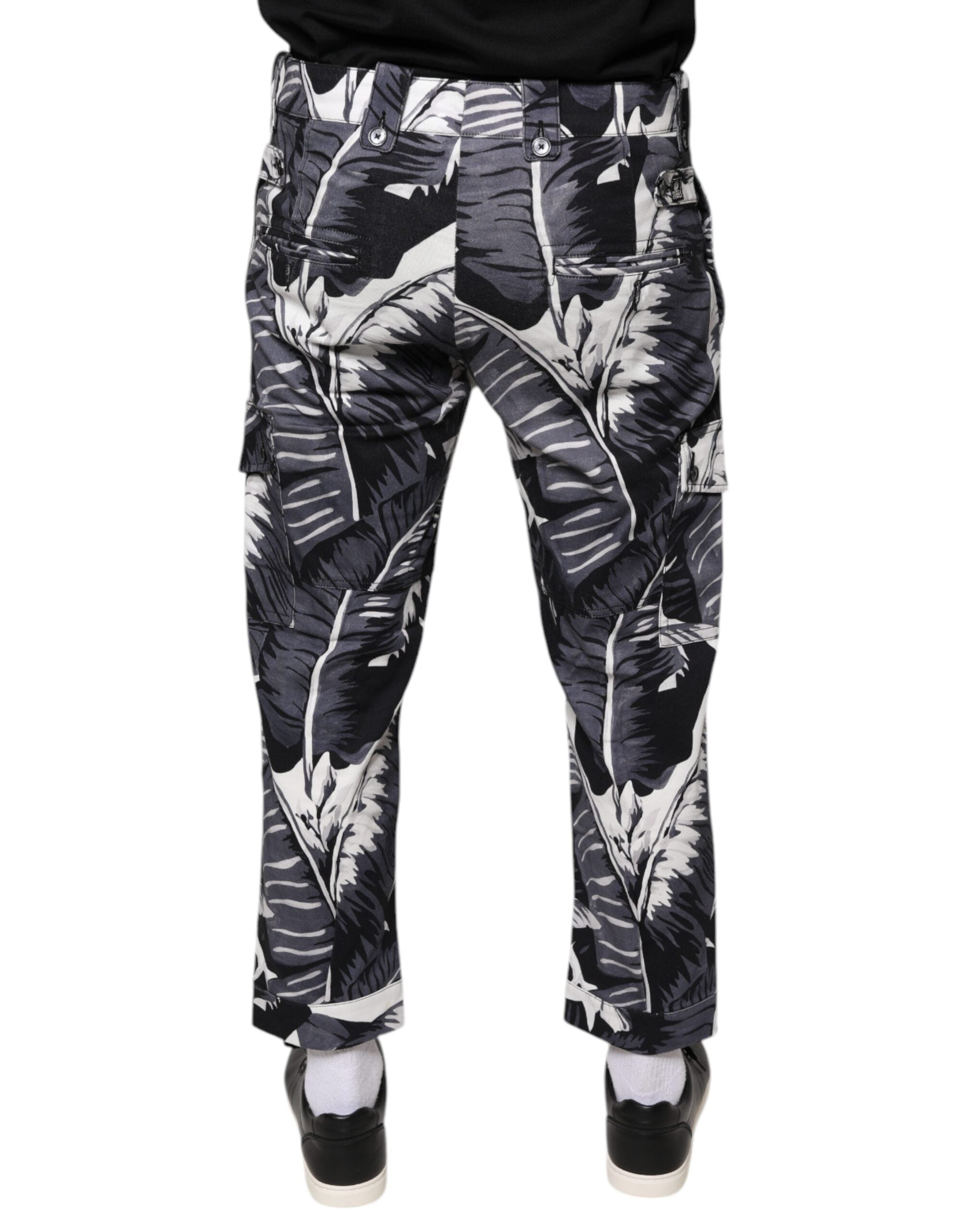 Gray Banana Leaf cotton stretch Capri pants by Dolce & Gabbana, featuring a relaxed fit and tropical leaf pattern.