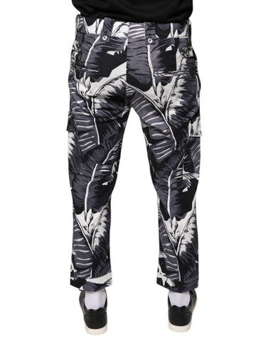 Gray Banana Leaf cotton stretch Capri pants by Dolce & Gabbana, featuring a relaxed fit and tropical leaf pattern.