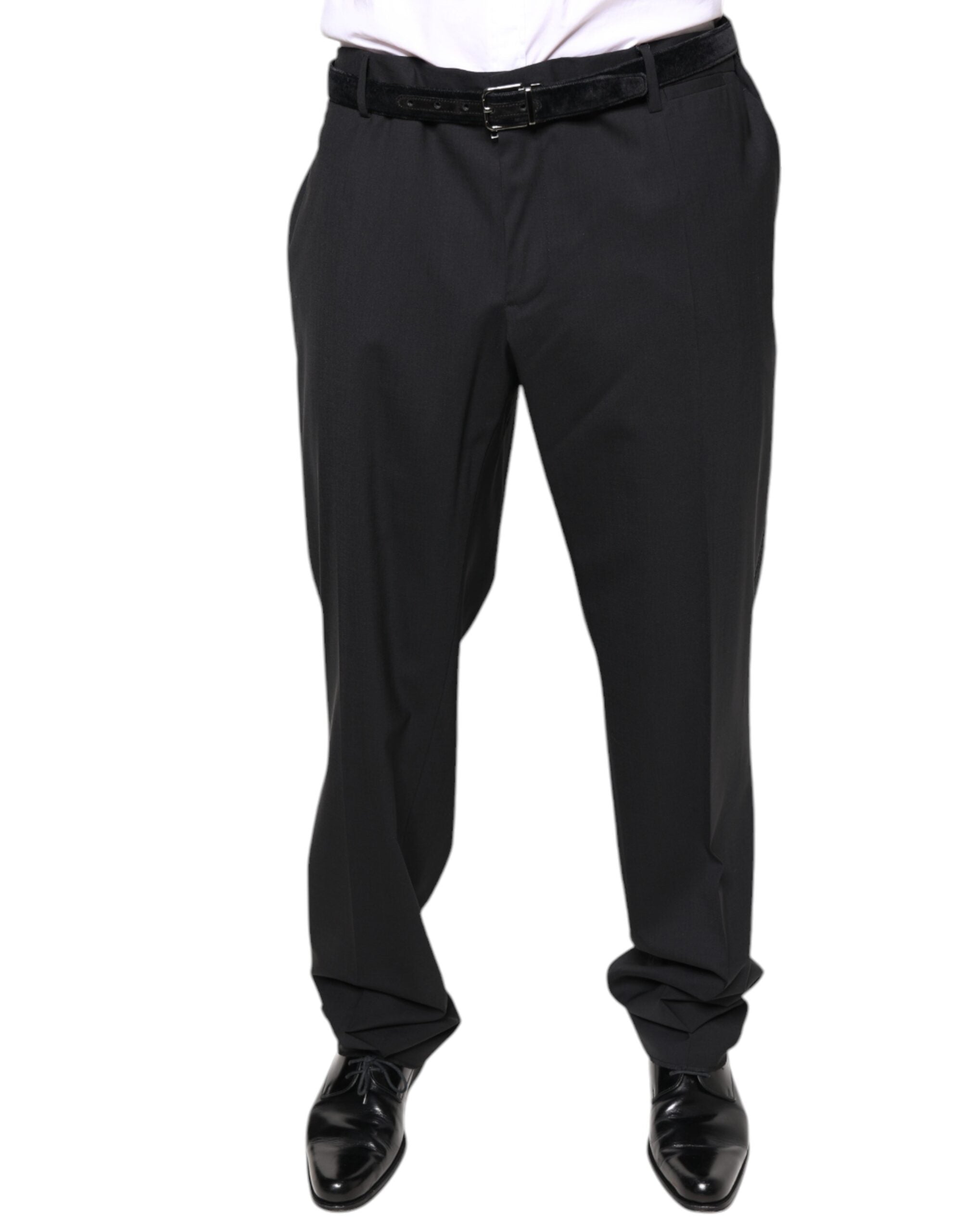 Black wool men's formal dress pants by Dolce & Gabbana, tailored fit, with belt loops and classic crease front.