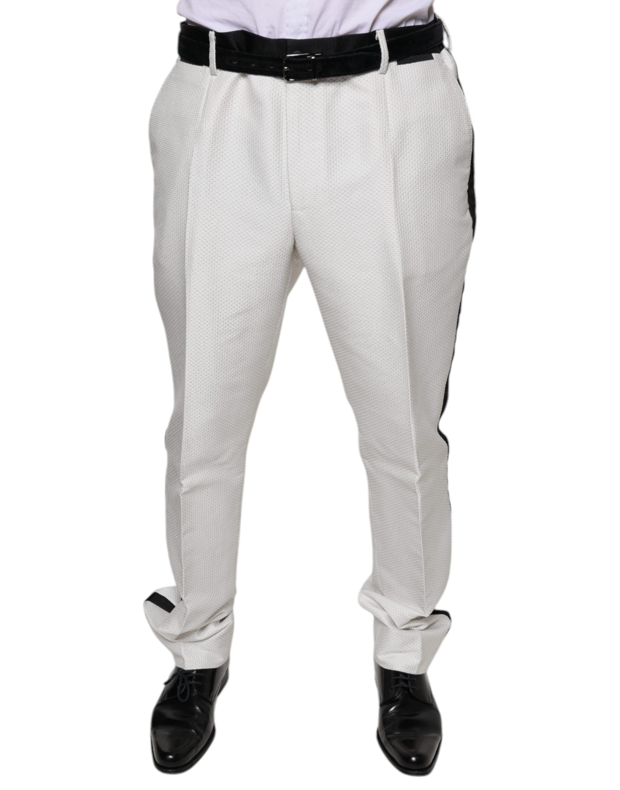 White polyester formal dress pants by Dolce & Gabbana, tailored fit with crisp creases and sleek waistband.