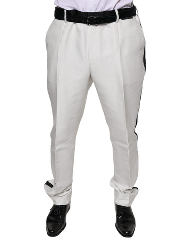 White polyester formal dress pants by Dolce & Gabbana, tailored fit with crisp creases and sleek waistband.