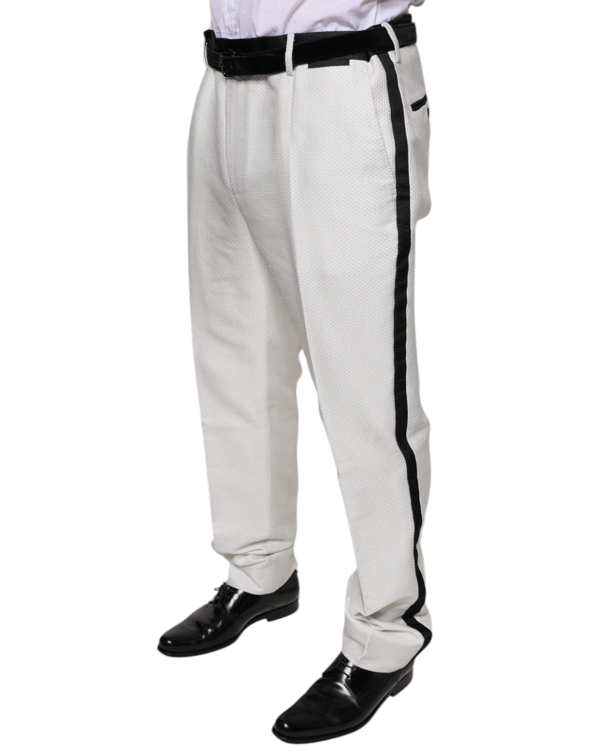 White polyester formal dress pants by Dolce & Gabbana, tailored fit with sleek design and classic style.