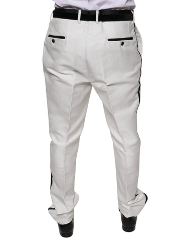 White polyester formal dress pants by Dolce & Gabbana, tailored fit with classic style, shown on a hanger.