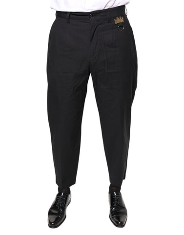 Black Crown cotton dress pants by Dolce & Gabbana, tailored fit with belt loops, front pockets, and sleek, formal design.