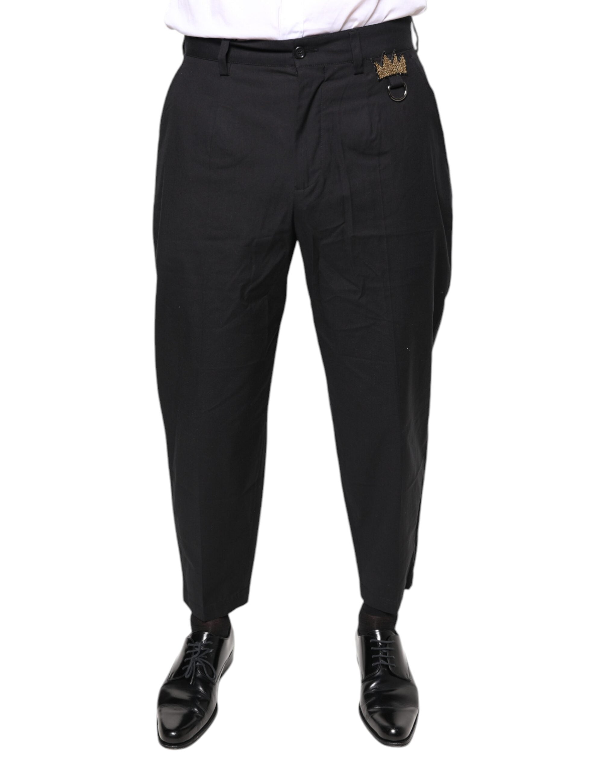 Black Crown cotton dress pants by Dolce & Gabbana, tailored fit with classic style and belt loops, shown on a white background.