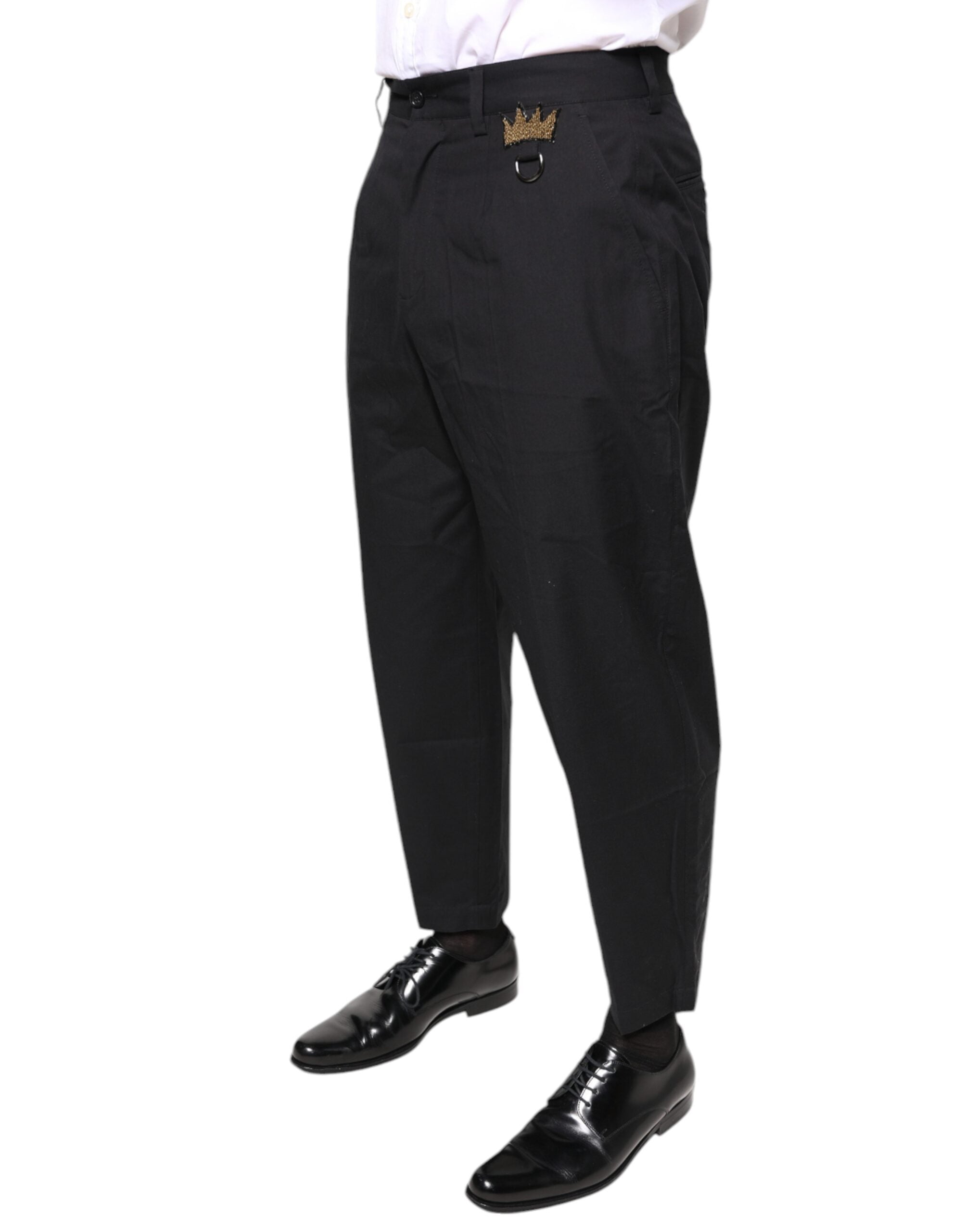 Black Crown cotton dress pants by Dolce & Gabbana, tailored fit with sleek waistband and classic front pockets.