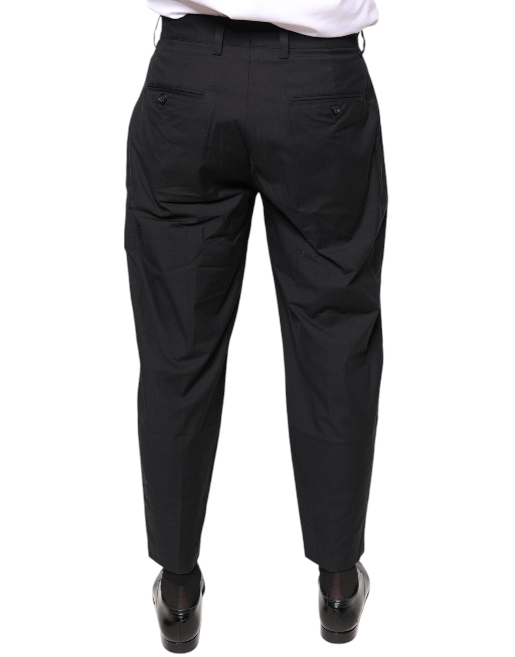 Black Crown cotton dress pants by Dolce & Gabbana, featuring a tailored fit and classic style for formal occasions.