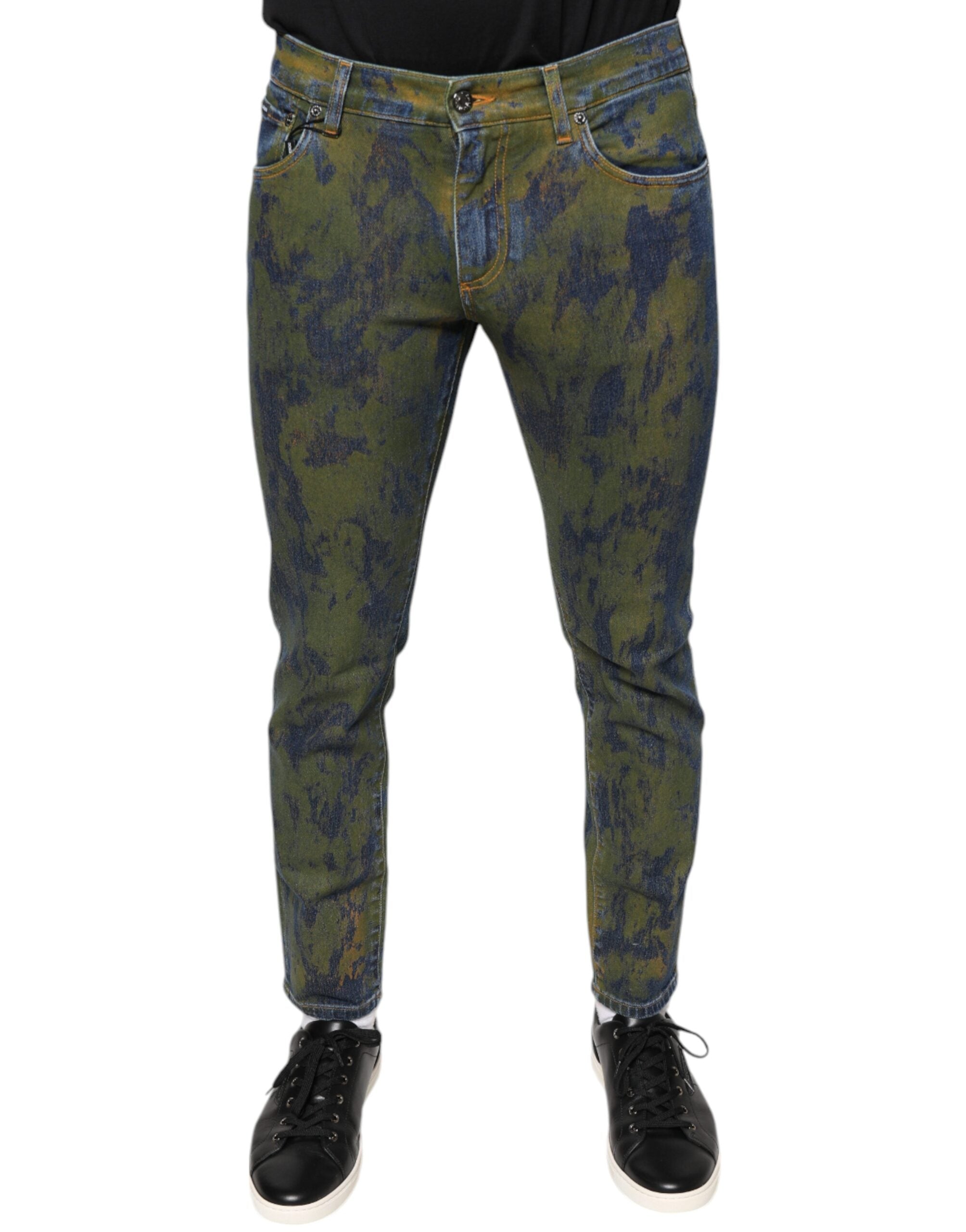 Blue cotton dye slim fit men's denim jeans by Dolce & Gabbana, showing front view with classic five-pocket design.