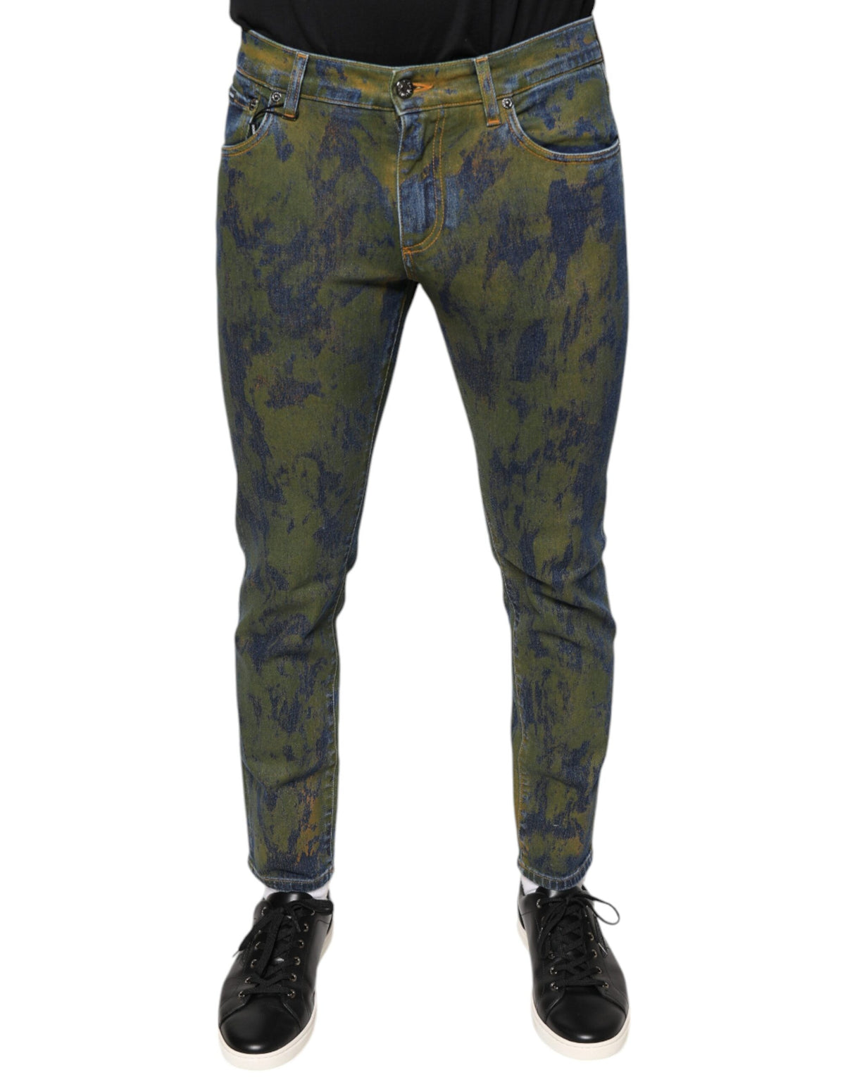 Blue cotton dye slim fit men's denim jeans by Dolce & Gabbana, showing front view with classic five-pocket design.