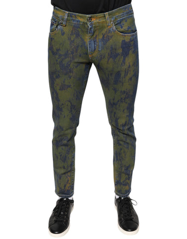 Blue cotton dye slim fit men's denim jeans by Dolce & Gabbana, showing front view with classic five-pocket design.