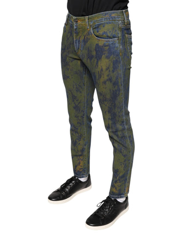 Blue cotton dye slim fit denim jeans for men by Dolce & Gabbana, shown with front and back view highlighting fit and style.