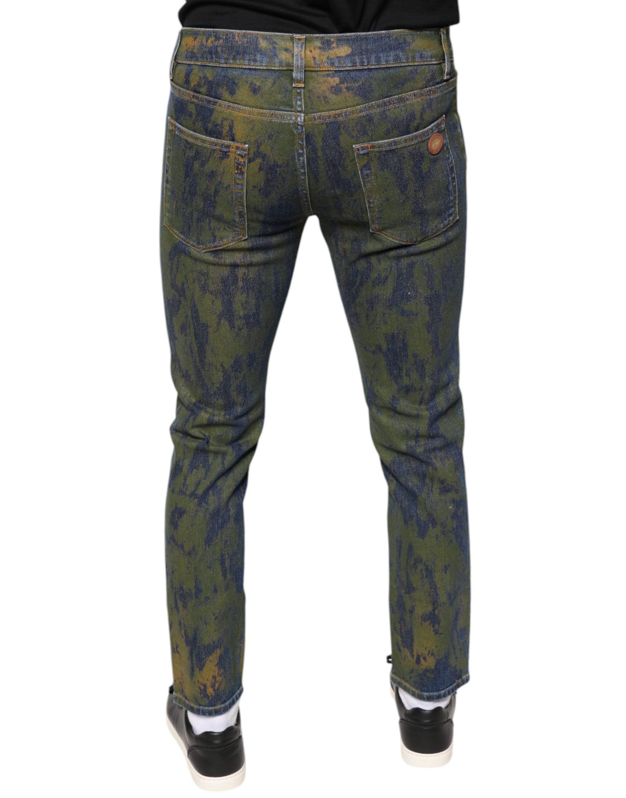 Blue cotton dye slim fit men's denim jeans by Dolce & Gabbana, showcasing classic five-pocket design and modern fit.