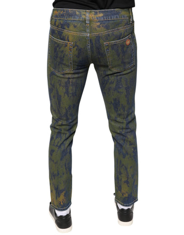 Blue cotton dye slim fit men's denim jeans by Dolce & Gabbana, showcasing classic five-pocket design and modern fit.