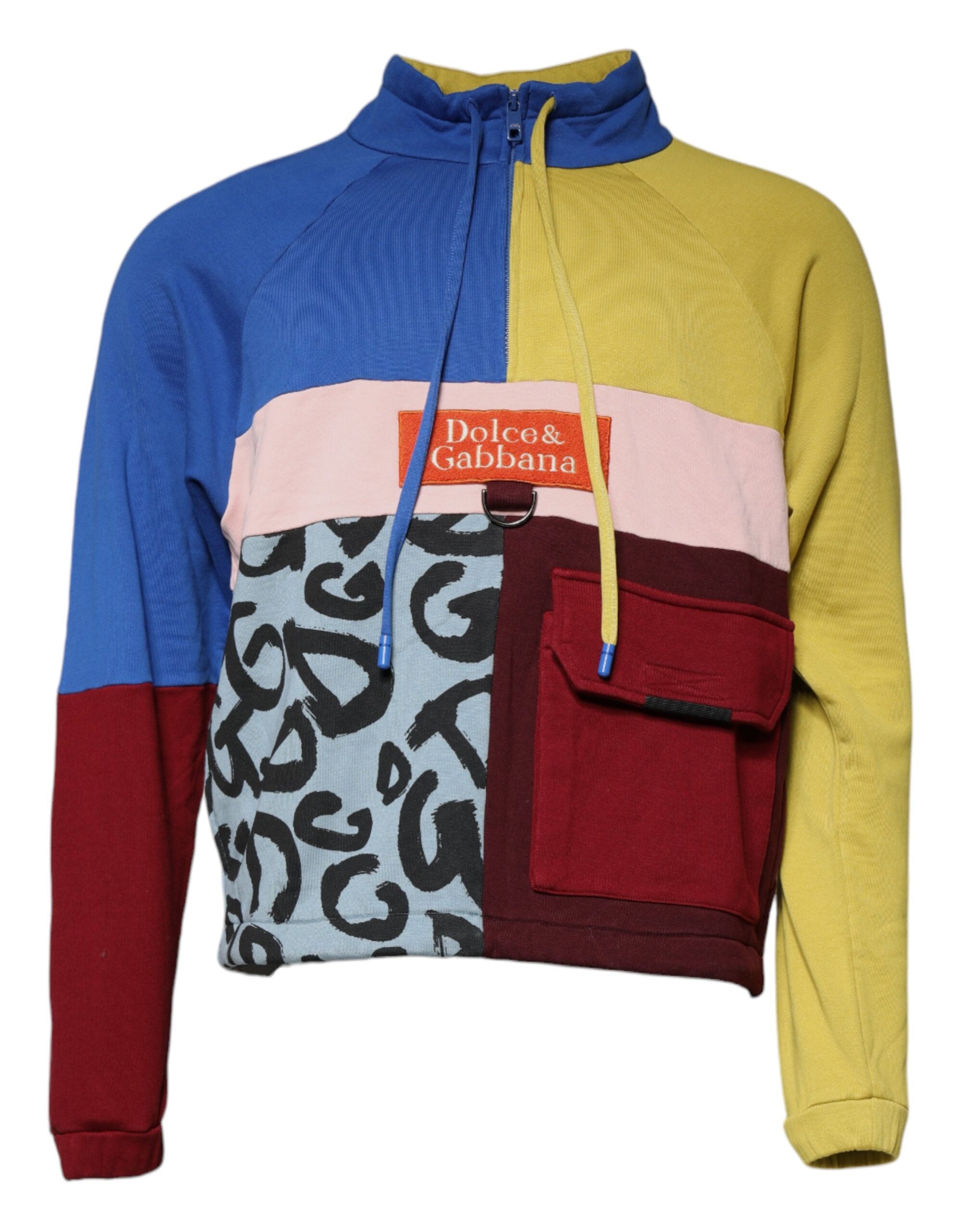 Multicolor patchwork men's sweatshirt by Dolce & Gabbana featuring a vibrant, casual sweater with mixed fabric patches.