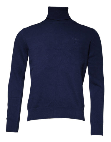Blue wool knit turtleneck pullover sweater by Dolce & Gabbana with a cozy, fitted design and ribbed collar.