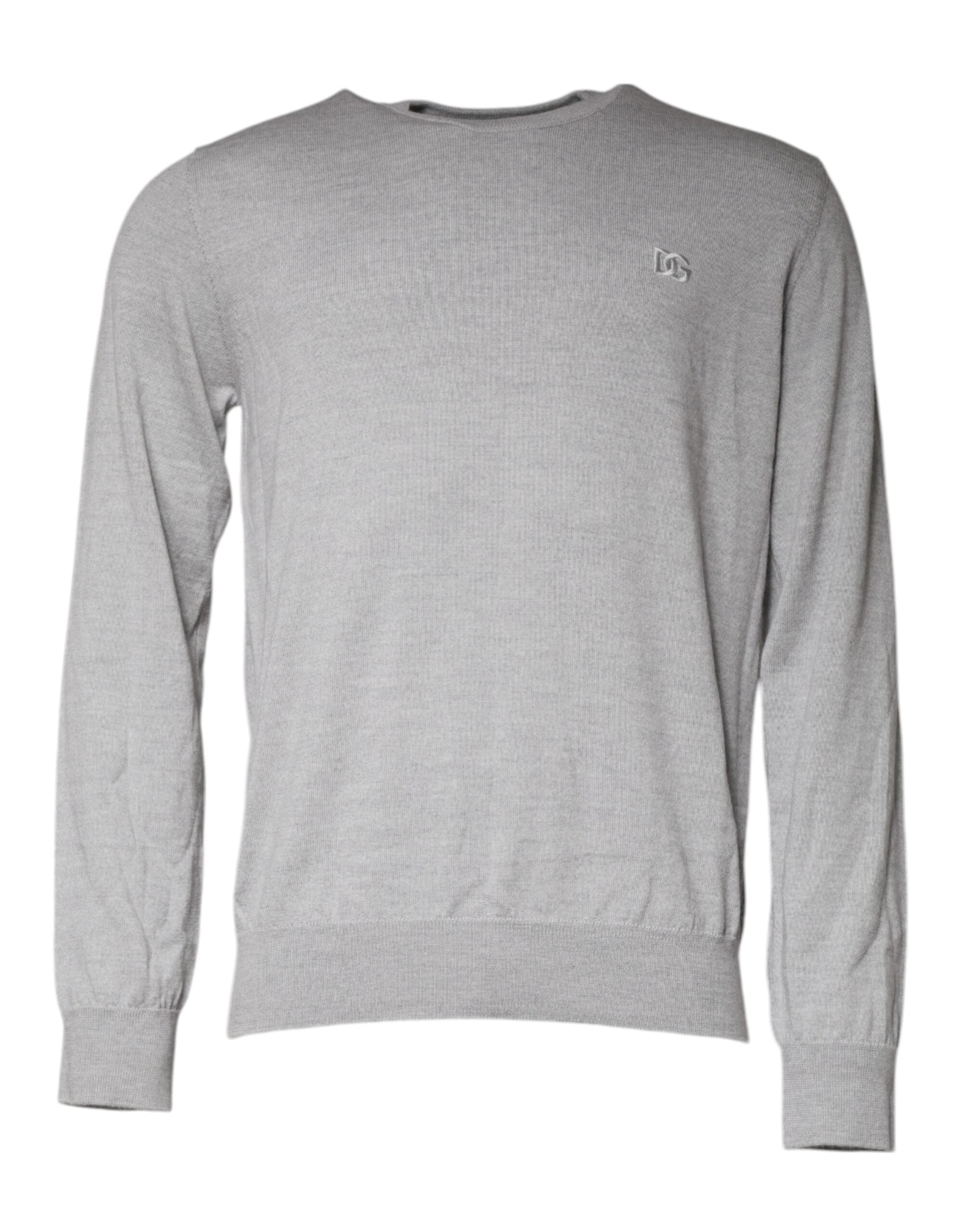 Light gray wool crew neck pullover sweater by Dolce & Gabbana, showing the soft knit fabric and classic fit.