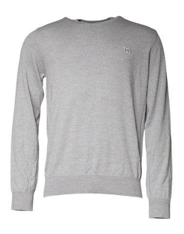 Light gray wool crew neck pullover sweater by Dolce & Gabbana, showing the soft knit fabric and classic fit.