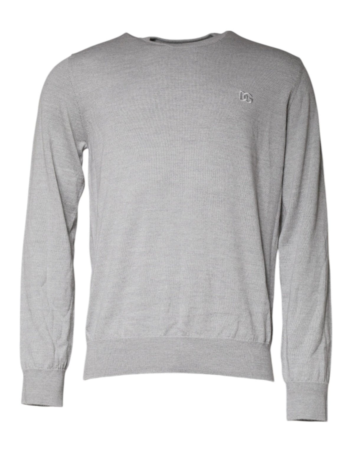Light gray wool crew neck sweater by Dolce & Gabbana, showing close-up of the soft knit fabric and classic fit.
