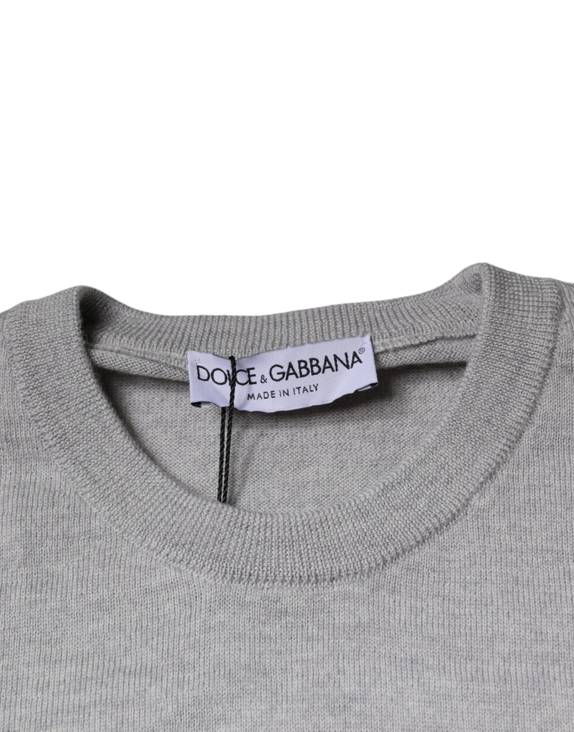 Light gray wool crew neck pullover sweater by Dolce & Gabbana, featuring a cozy knit design and classic fit.