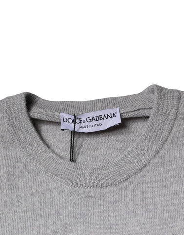 Light gray wool crew neck pullover sweater by Dolce & Gabbana, featuring a cozy knit design and classic fit.