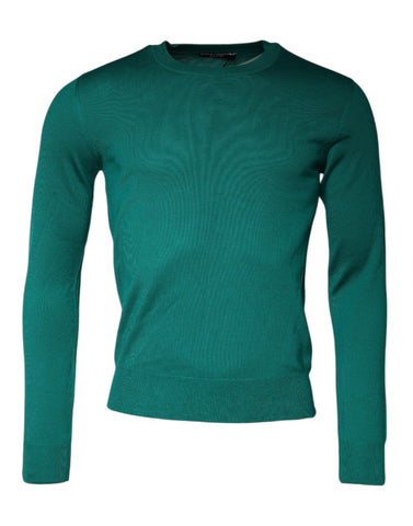 Green Dolce & Gabbana wool knit crew neck pullover sweater, close-up shot showing textured fabric and classic fit.