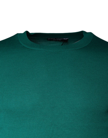 Green wool knit crew neck pullover sweater by Dolce & Gabbana, featuring a classic fit and textured knit pattern.