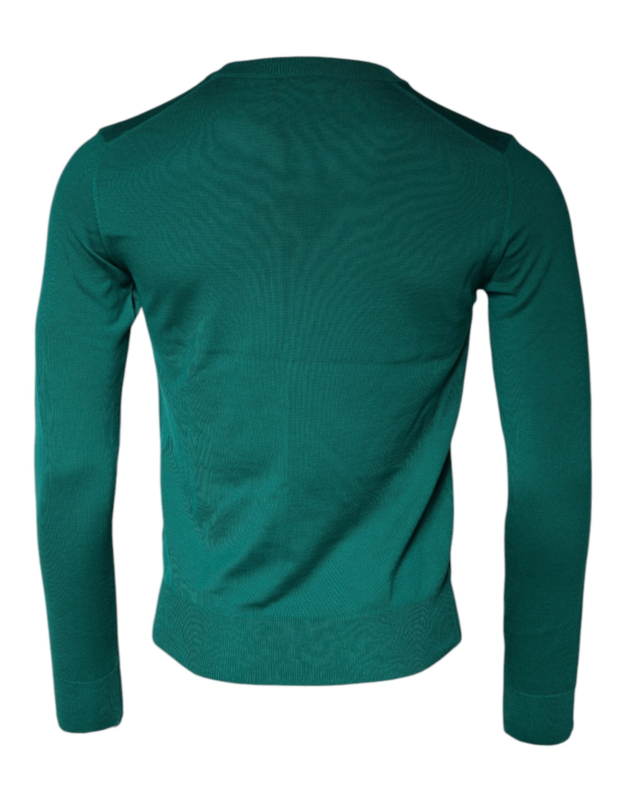 Green wool knit crew neck sweater by Dolce & Gabbana, close-up of the textured fabric and classic fit.